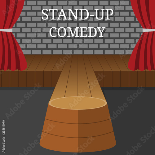 Stand-Up Comedy Vector Interior. Theater Scene with Red Curtains and Grey Brick Wall. Vector illustration for Your Design.