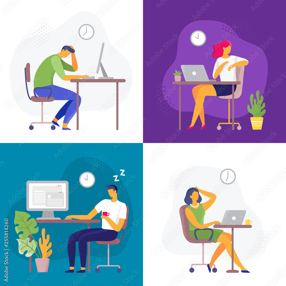 Working late. Overtime work, busy workaholic worker and employees with office laptops. Deadline flat vector illustration set Working late. Overtime work, busy workaholic worker and employees with office laptops. Deadline flat vector illustration set