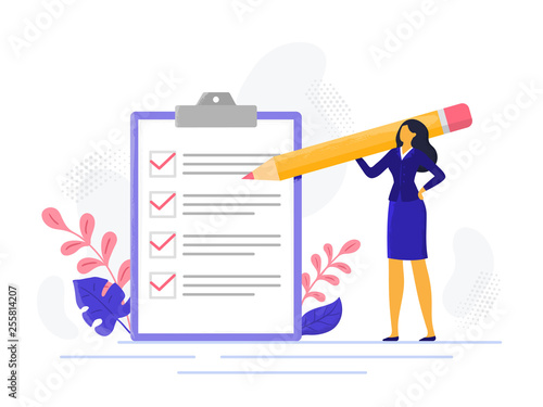 Businesswoman checklist. Successful woman checking task success, completed business tasks. Check mark list vector illustration