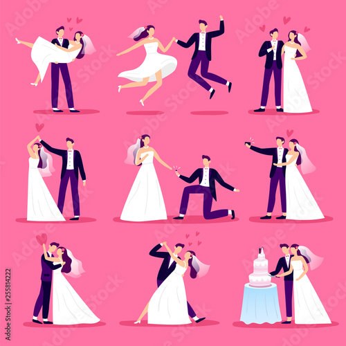 Marriage couple. Just married couples, wedding dancing and weddings celebration. Newlywed bride and groom vector illustration set