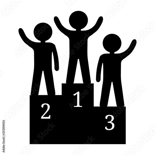 Vector Black Silhouette of Winners on Podium. Humans on Pedestal isolated on white background. First, Second, Third Places. Vector illustration for Your Design.