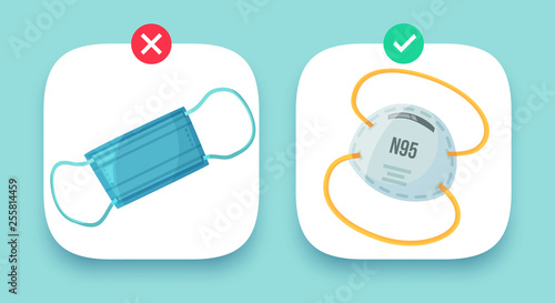 Medical and N95 masks M2.5 compare. Industrial protection dust mask, PM2.5 defence and city air pollution protect device vector illustration
