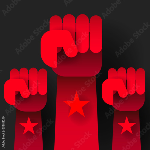 Revolution raised hands up vector illustration on dark background.