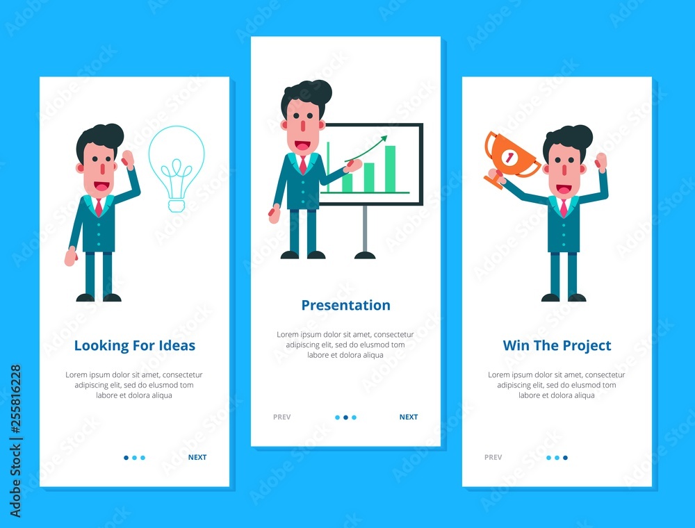 Businessman Project onboarding mobile app design page screens flat design vector illustration, UI, UX template