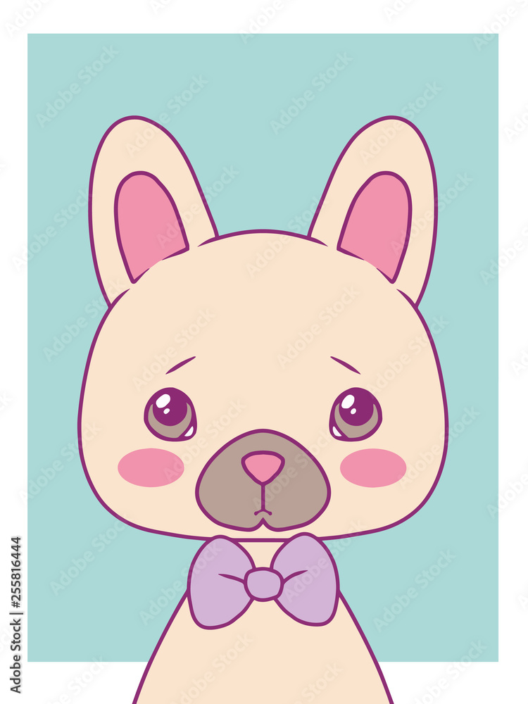 Cute cartoon style vector art print motive with pastel colored French Bulldog dog with bowtie Cute cartoon style vector art print motive with pastel colored French Bulldog dog with bowtie