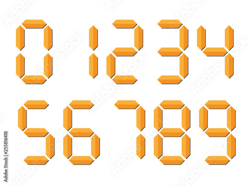 Orange 3D-like digital numbers. Seven-segment display is used in calculators, digital clocks or electronic meters. Vector illustration