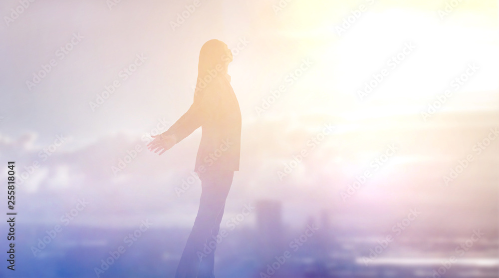 Young woman and City of London background at sunset. Future, new business opportunity and business success concept. London, UK Young woman and City of London background at sunset. Future, new business opportunity and business success concept. London, UK