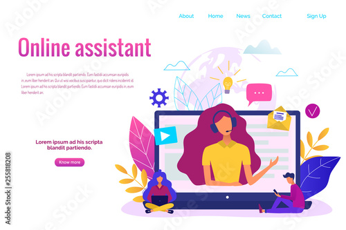 Customer service, hotline operator for web page, banner, presentation, social media concept. Online global technical support. Online assistant vector illustration.