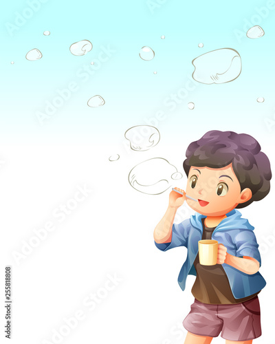 Character design cartoon of Boy blowing soap balloons vector