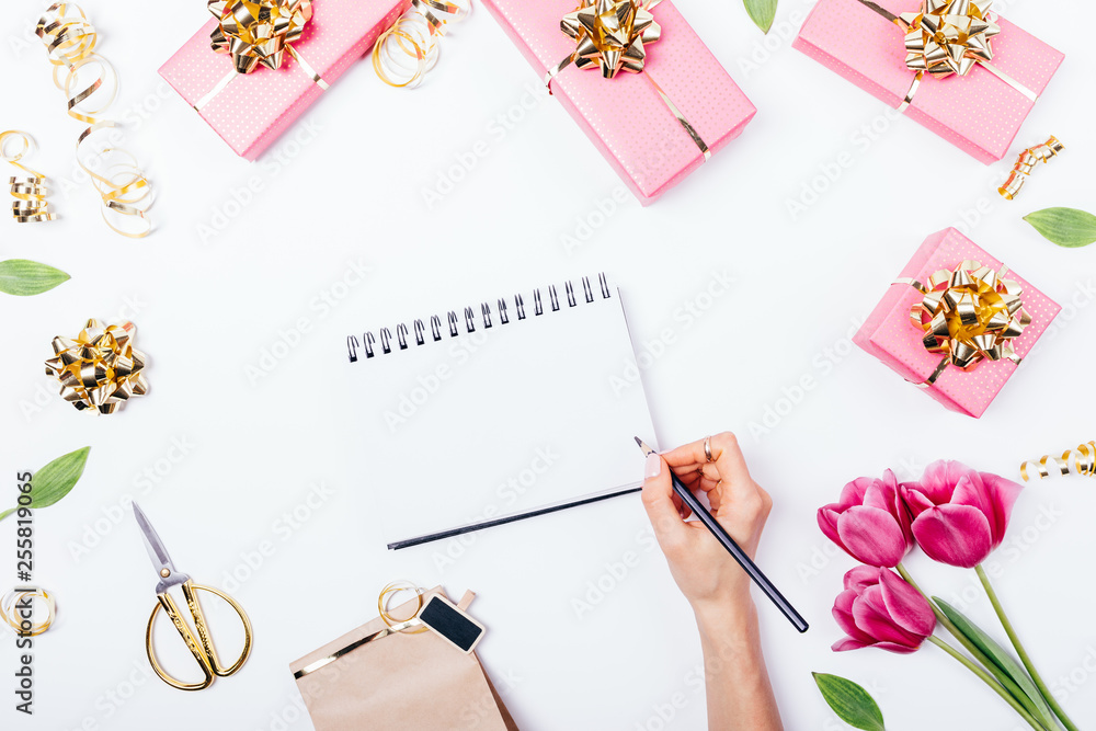Festive flat lay composition woman's hand Festive flat lay composition woman's hand