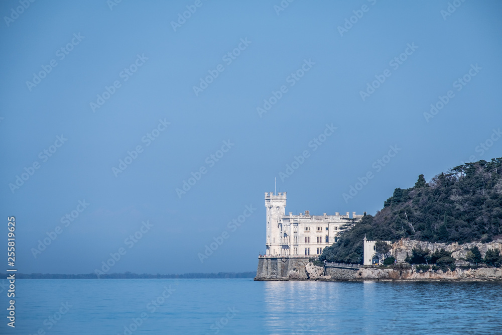 View from pier to castle Miramare in spring in Triest