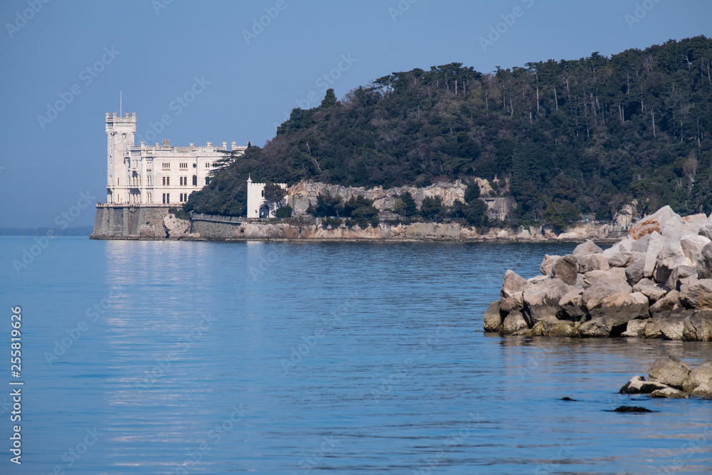 View from pier to castle Miramare in spring in Triest