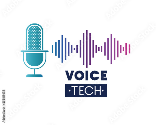 voice tech label with microphone and sound wave