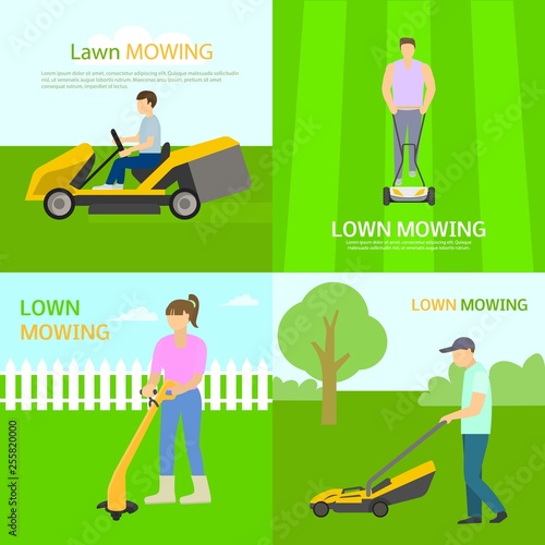 Lawnmower banner set. Flat illustration of lawnmower vector banner set for web design