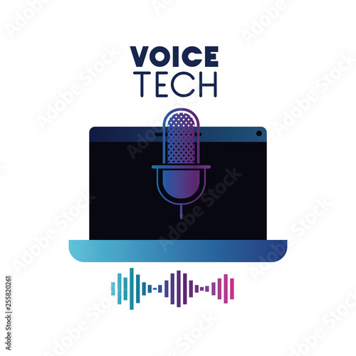 voice tech label with laptop and voice assistant