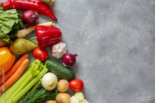 Fresh vegetables and fruits background. Top view, Copy space.