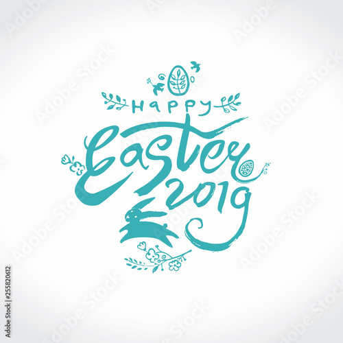 Happy Easter 2019. Vector illustration easter logo dry brush painting in turquoise color. Easter bunny, inscription and easter egg.