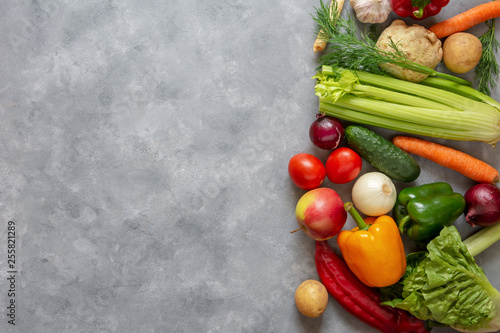 Fresh vegetables and fruits background. Top view  Copy space.