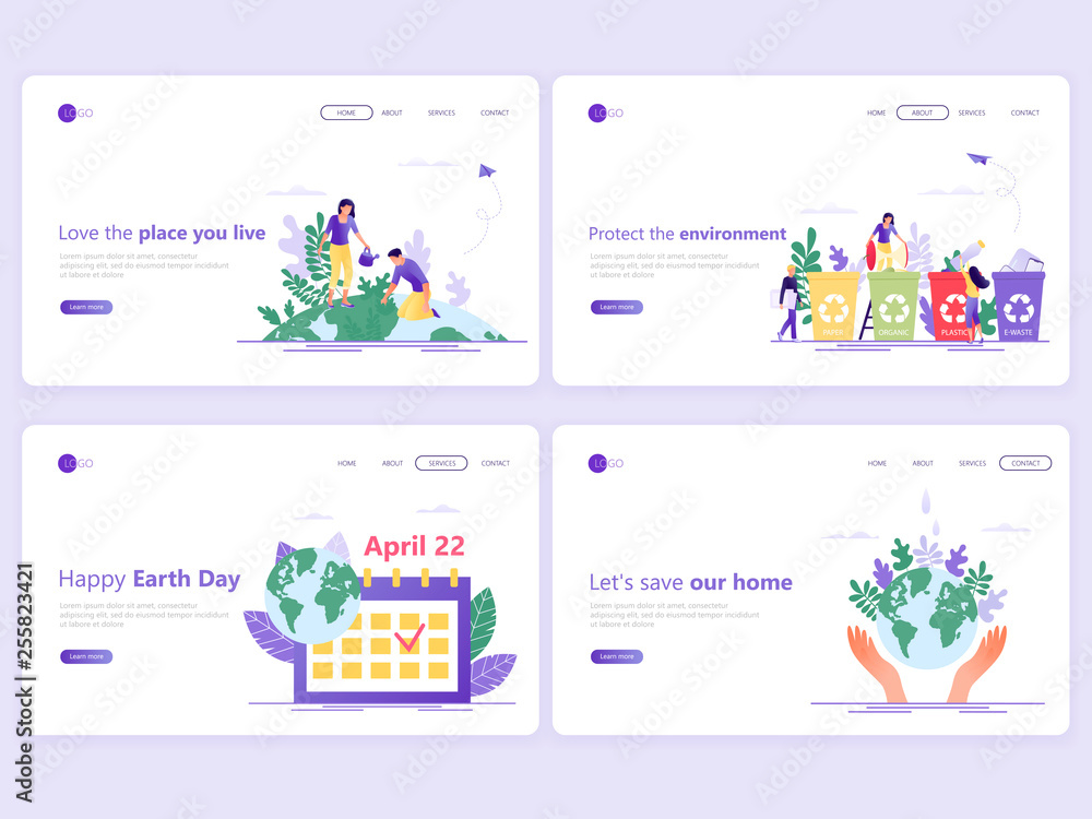 Set of Landing page templates. Save the planet, Happy Earth Day, save energy, ecology, world environment day concept. Flat vector illustration concepts for a web page or website.
