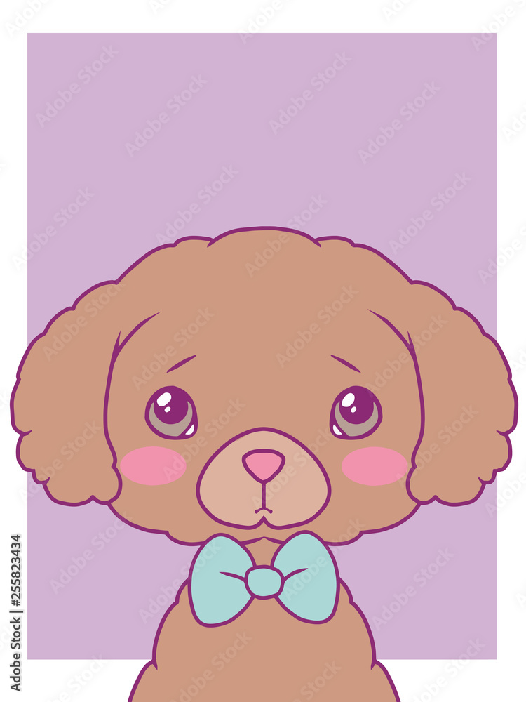 Cute cartoon style vector art print motive with pastel colored toy poodle dog with bowtie Cute cartoon style vector art print motive with pastel colored toy poodle dog with bowtie
