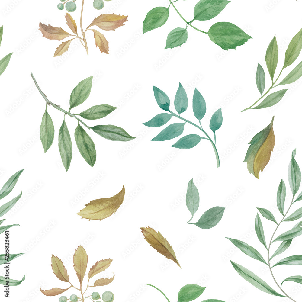 Seamless watercolor pattern. Hand painted leaves of different colors on a white background. Seamless watercolor pattern. Hand painted leaves of different colors on a white background.