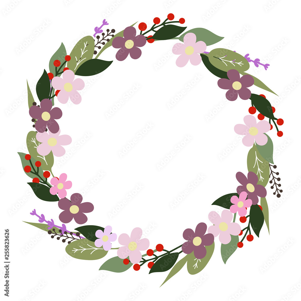 Wreath with flowers, leaves, herbs. Vector Illustration on white background.