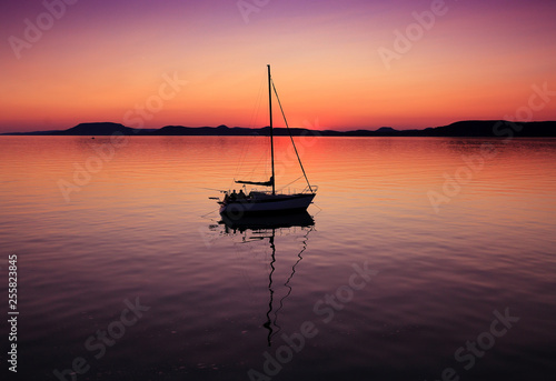 Sailing boats on Lake Balaton at sunset 