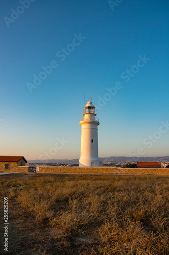 coast line with lighthouse, dune and rare vegetation in the background at sunset