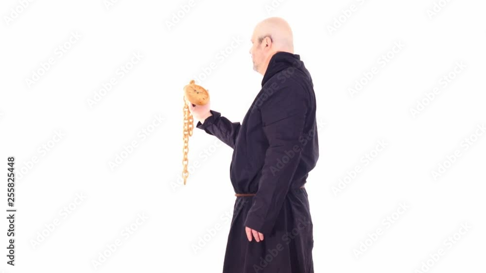 man in hoodie with fast running clock - white screen background man in hoodie with fast running clock - white screen background
