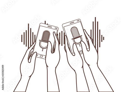hands with smartphone and voice assistant