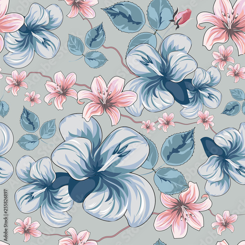 Roses. Blooming spring-summer flowers plants. Seamless pattern. Vector image.