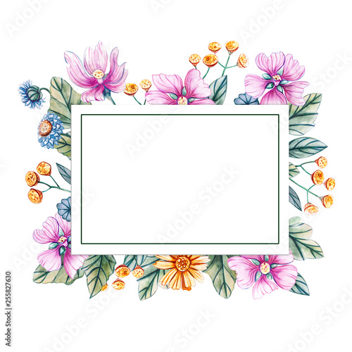 Floral square frame of watercolor wildflowers. There is a place for text.
