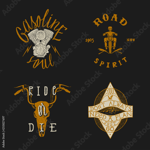 Motorcycle rider t-shirt print: Gasoline soul, Road spirit biker, ride or die - cow skull with motocycle bars horns, hiking motivation quote vintage typography print.