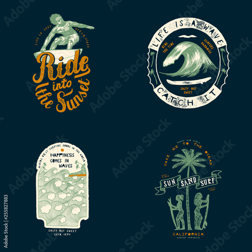 Surfing t-shirt design set: surf rider, giant wave, ocean waves on the palm beach, girls near the palm-tree