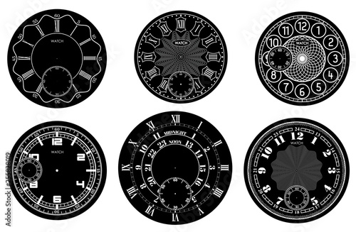 Clock face blank set isolated on white background. Vector watch design. Vintage roman numeral clock illustration. White number round scale on black circle.