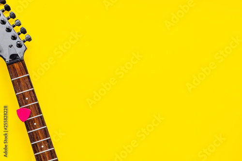 Music record studio with musician and DJ instruments yellow background top vi...