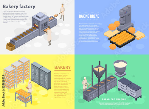 Food bakery factory banner set. Isometric set of food bakery factory vector banner for web design