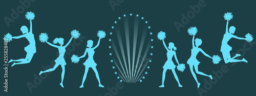 Silhouettes of Cheerleaders with pom-poms on dark background.