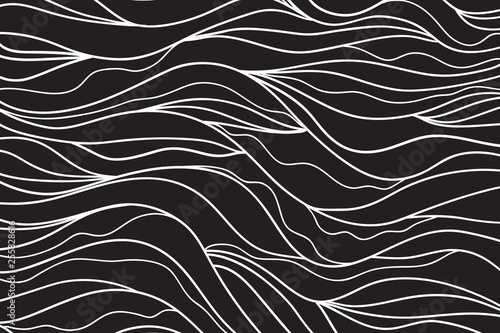Wavy background. Hand drawn waves. Stripe texture with many lines. Waved pattern. Line art. Black and white illustration