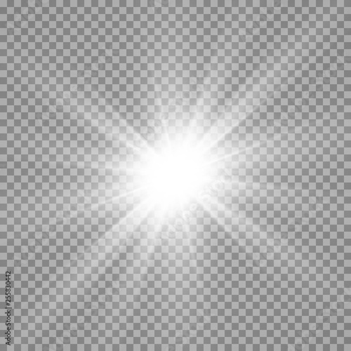 Special lens flash, light effect. The flash flashes rays and searchlight. illust.White glowing light. Beautiful star Light from the rays. The sun is backlit. Bright beautiful star. Sunlight. Glare.