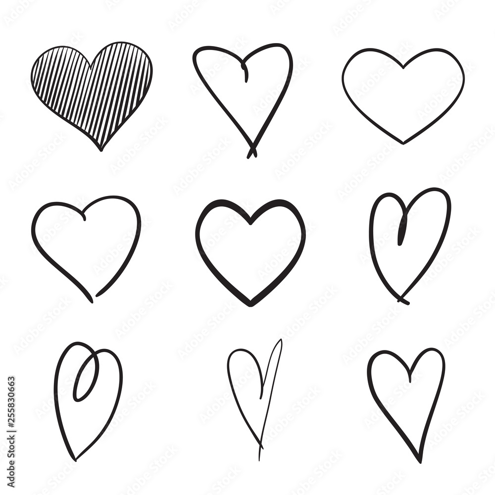 Set of hand drawn abstract hearts on isolated white background. Black and white illustration. Sketchy elements for design