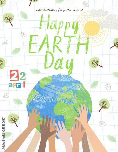 Happy Earth Day! Vector eco illustration for social poster, banner or card on the theme of saving the planet. Hands hold the earth photo