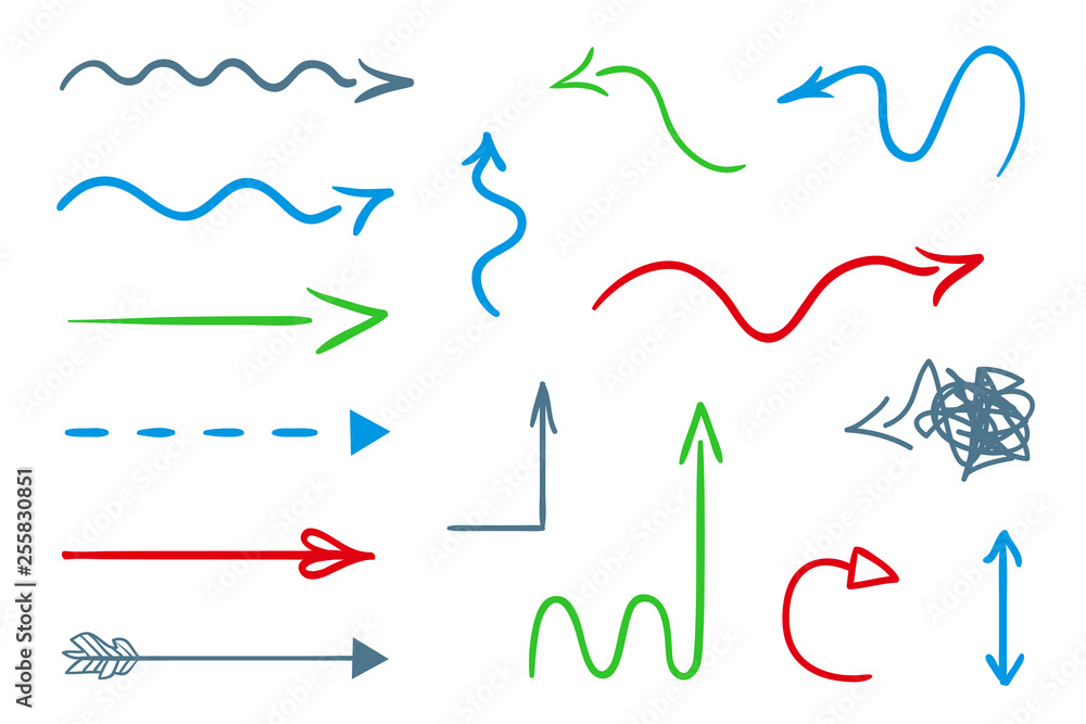 Obraz premium Infographic elements on isolated white background. Hand drawn colored pointers on white. Abstract arrows. Line art. Set of different signs. Colorful illustration