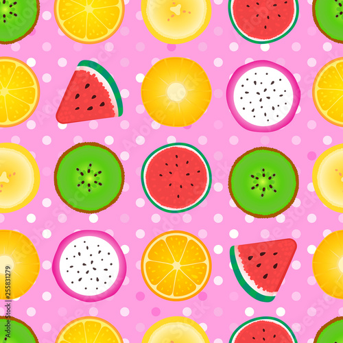 Seamless pattern Abstract girly texture of fruit slices. Vector illustration isolated on pink background