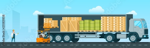 Forklift Car Loading Box Up to Shipping Truck