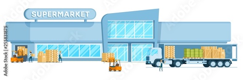 Warehouse Truck Unloading Freight in Supermarket