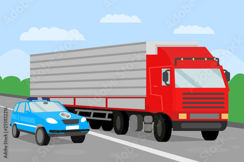 Police Escort and Trailer Flat Vector Illustration
