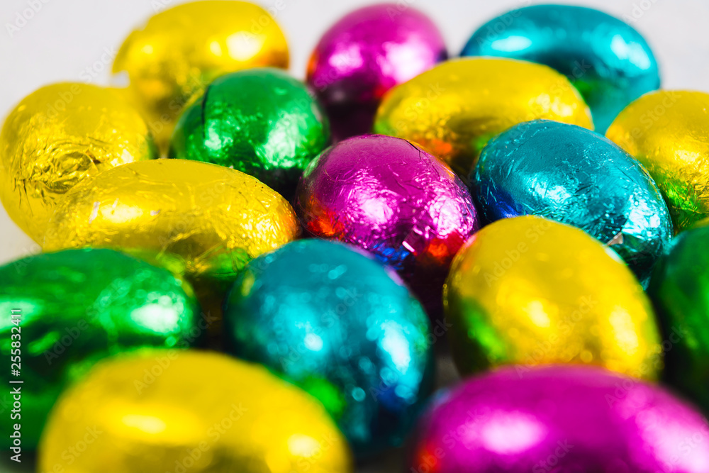 Colorful chocolate Easter eggs, selective focus Colorful chocolate Easter eggs, selective focus
