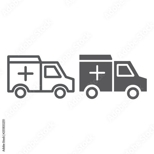 Ambulance car line and glyph icon, medical and emergency, hospital car sign, vector graphics, a linear pattern on a white background.