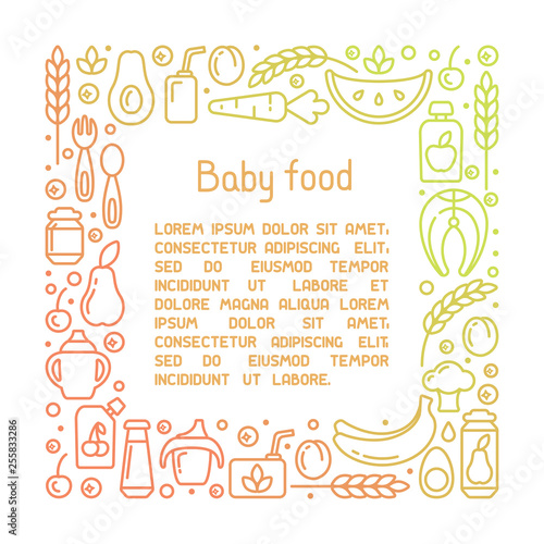 Square frame concept with baby food elements and sample text. Outline style vector illustration